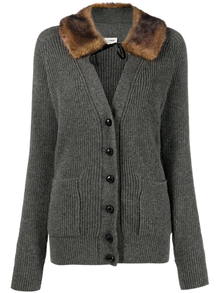 Saint Laurent shearling-trim ribbed cardi-coat - Grey Cover