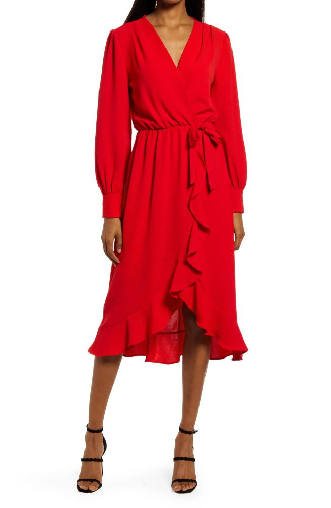 Fraiche by J Faux Wrap Ruffle Long Sleeve Dress in Red Cover