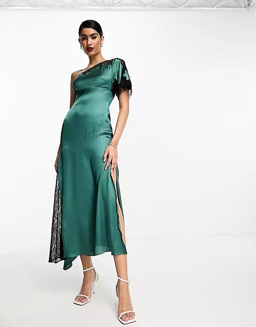 ASOS DESIGN one shoulder satin midi dress with split in dark green with contrast lace Cover