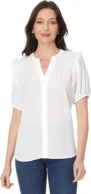 Tommy Hilfiger Short Sleeve Smocked Yoke Top (Bright White) Women's Clothing Cover