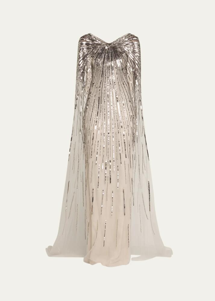 Pamella Roland Silver Sequined Gown with Sheer Cape Cover