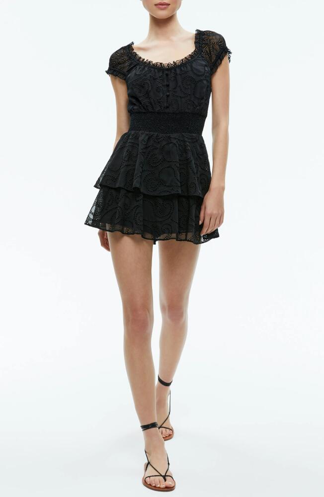 Alice + Olivia Gracie Ruffle Chiffon Eyelet Romper in Black Cover