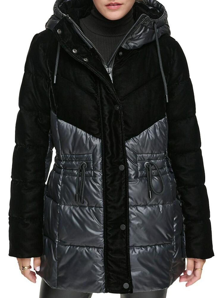 Andrew Marc Women's Varna Velvet Hooded Puffer Jacket - Black Cover