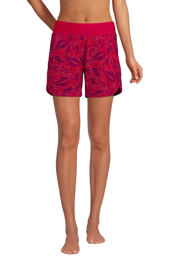 Lands' End 5 Inch Quick Dry Board Shorts Swim Cover-up Shorts in Scarlet Abstract Leaf Cover