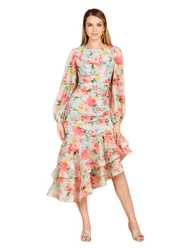 LARA New York High Neck, Lace Up, Long Sleeve Printed Midi Dress in Mint Cover