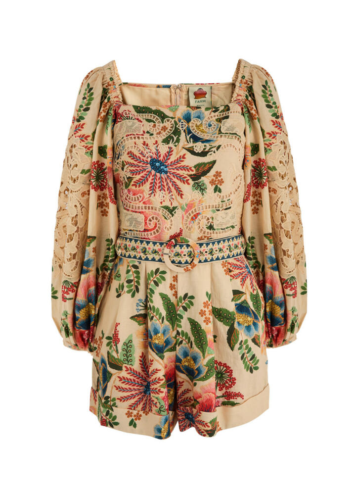 Farm Rio Delicate Garden Printed Linen-blend Playsuit - Beige Cover