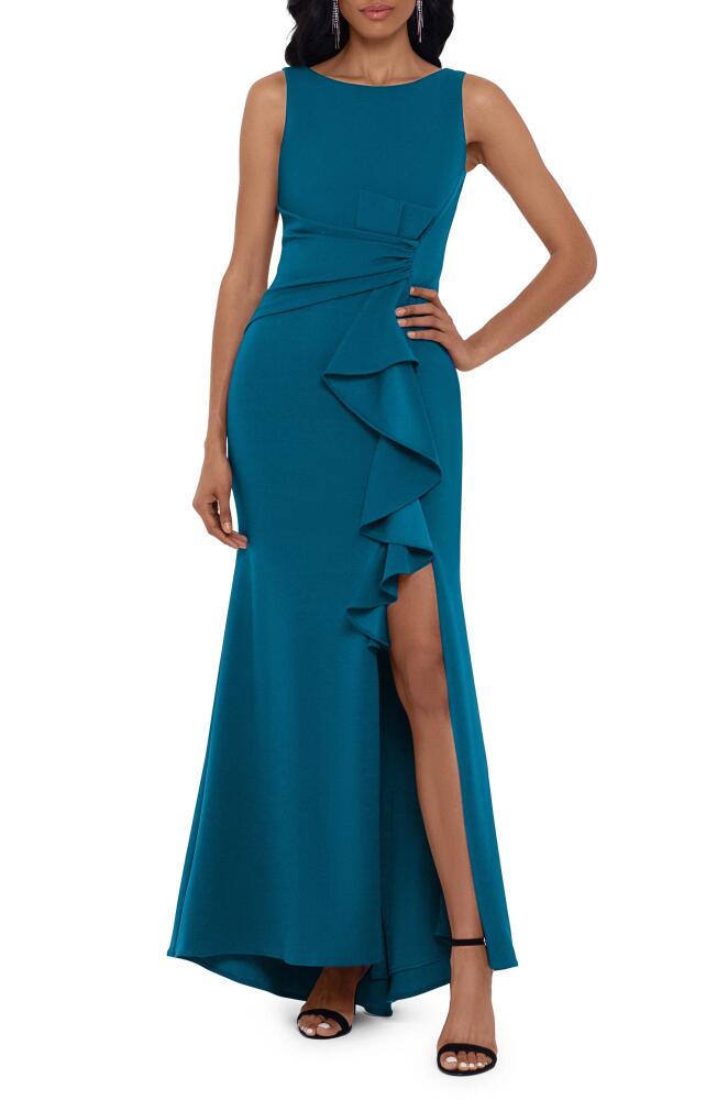 Betsy & Adam Ruffle Bow Trumpet Gown in Azure Cover