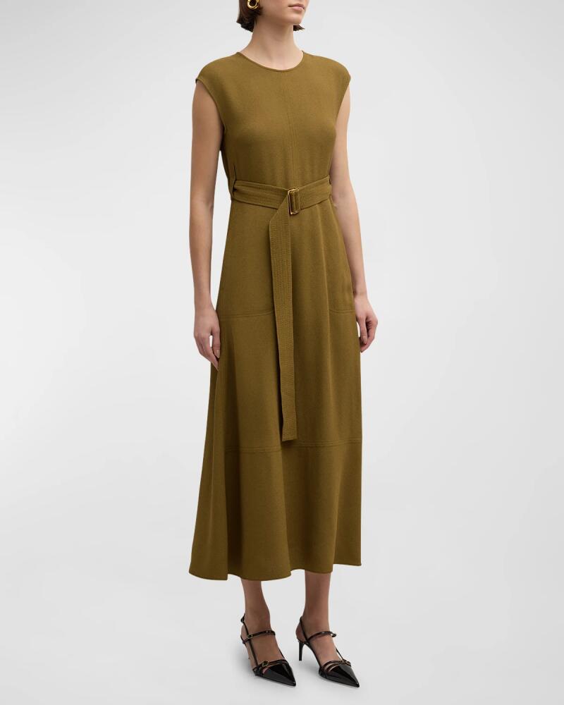 St. John Cap-Sleeve Belted Textured Crepe Midi Dress Cover