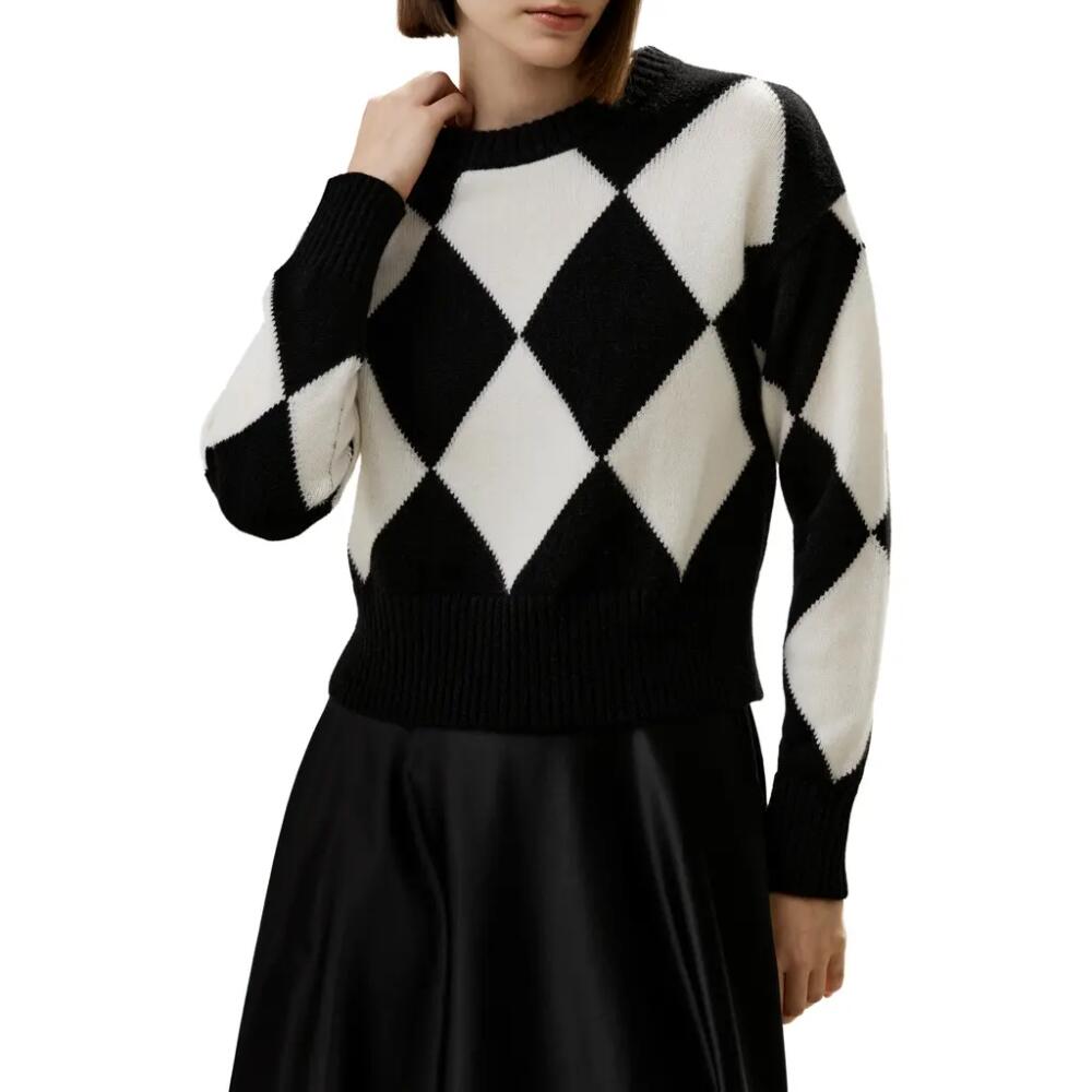 Lilysilk Round Neck Diamond Pattern Cashmere Sweater in Black Cover