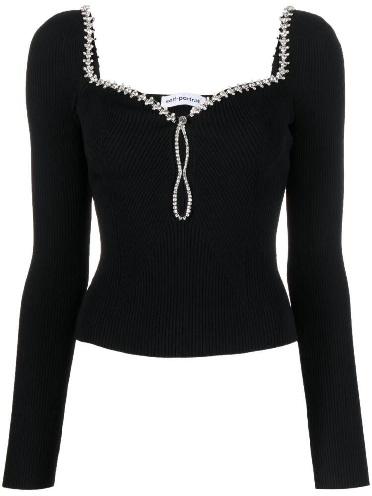 Self-Portrait diamanté-trimmed knitted top - Black Cover