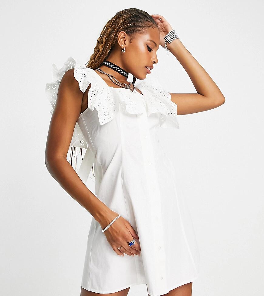 Reclaimed Vintage button front dress with broderie ruffle collar in white Cover