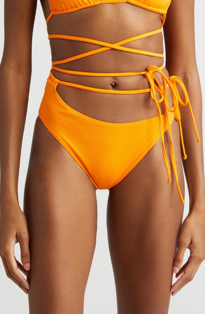 K. NGSLEY Naomi Asymmetric Tie Waist Bikini Bottoms in Fluo Orange Cover