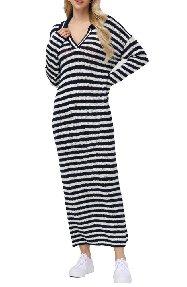 525 Raya Stripe Long Sleeve Polo Sweater Dress in Dark Blue Multi Cover