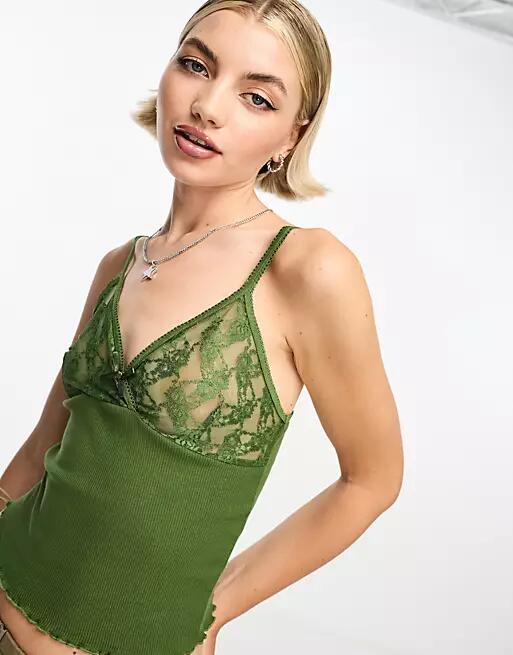 Reclaimed Vintage 90s rib lace mix cami in khaki-No color Cover