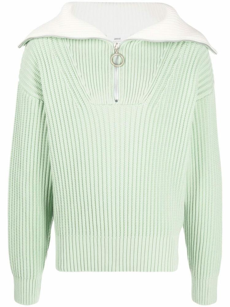 AMI Paris zip-collar fisherman's rib jumper - Green Cover