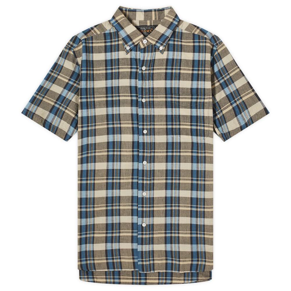 Beams Plus Men's Button Down Short Sleeve Madras Shirt in Blue Cover