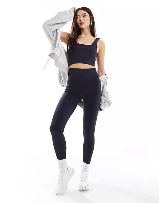 ASOS 4505 Icon seamless ribbed gym leggings in navy-Neutral Cover