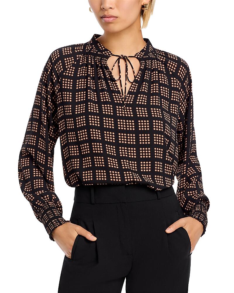 T Tahari Printed Split Neck Smocked Cuff Blouse Cover