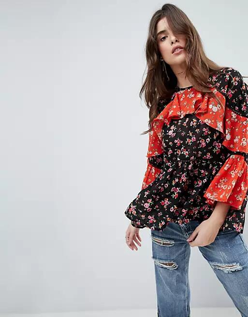 ASOS Mix & Match Floral Print Tiered Ruffle long sleeve Blouse-Multi Cover