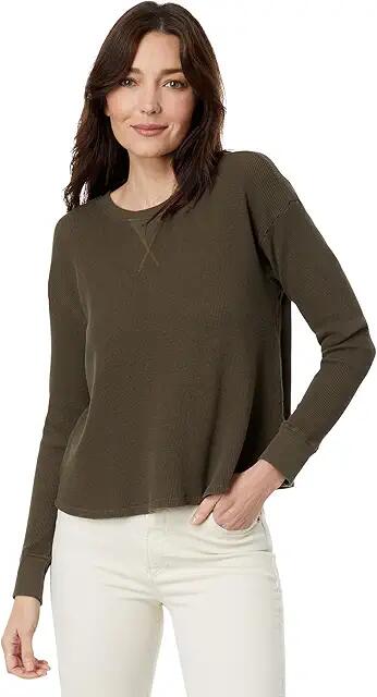 Mod-o-doc Washed Cotton Modal Thermal Long Sleeve Boxy Crop Sweatshirt (Olive Thistle) Women's Clothing Cover