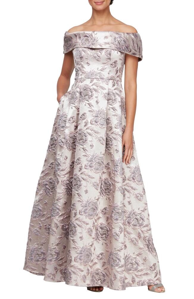 Alex Evenings Metallic Floral Off the Shoulder Jacquard Gown in Mauve Cover