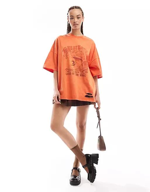 Urban Revivo surf print oversized t-shirt in acid wash orange Cover