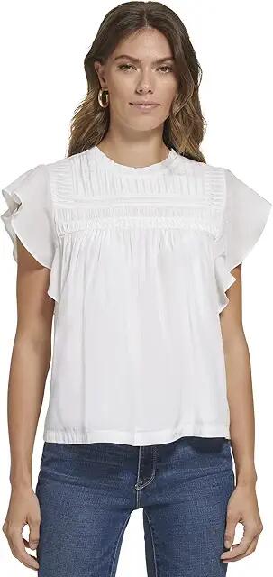 DKNY Flutter Sleeve Crew Neck Blouse (Linen/White) Women's Clothing Cover