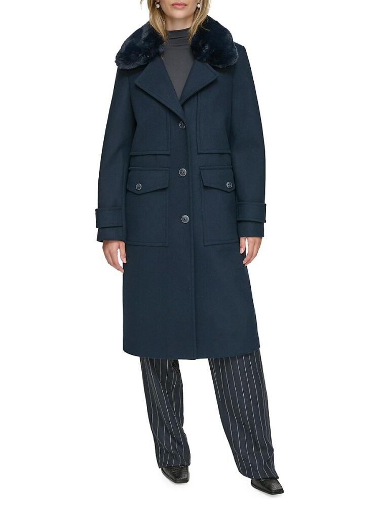 Andrew Marc Women's Olpae Faux Fur Collar Wool Blend Trench Coat - Ink Cover