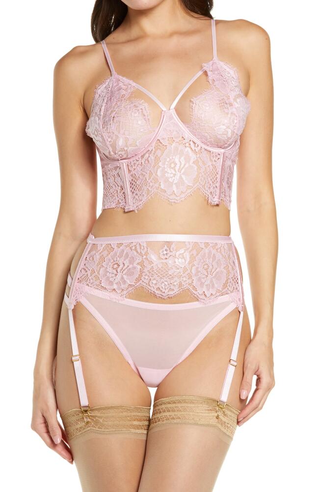 Coquette Lace Longline Underwire Bra, Garter Belt & Thong Set in Pink Cover