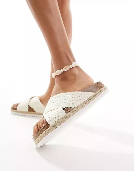 ASOS DESIGN Jessie flatform cross strap espadrille sandals in off white crochet Cover