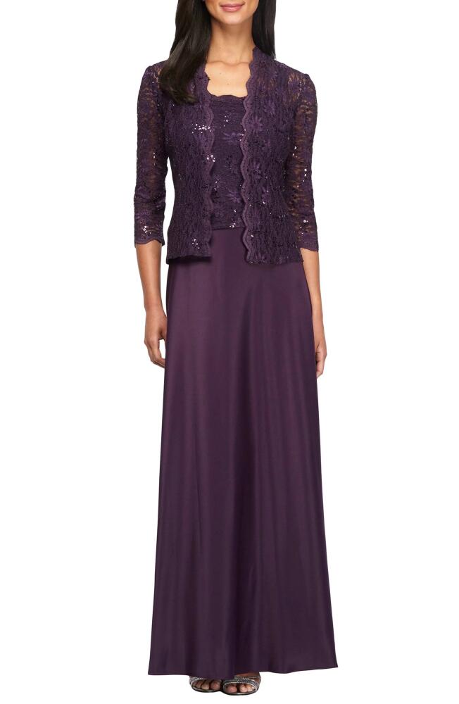 Alex Evenings Sequin Lace & Satin Gown with Jacket in Eggplant Cover