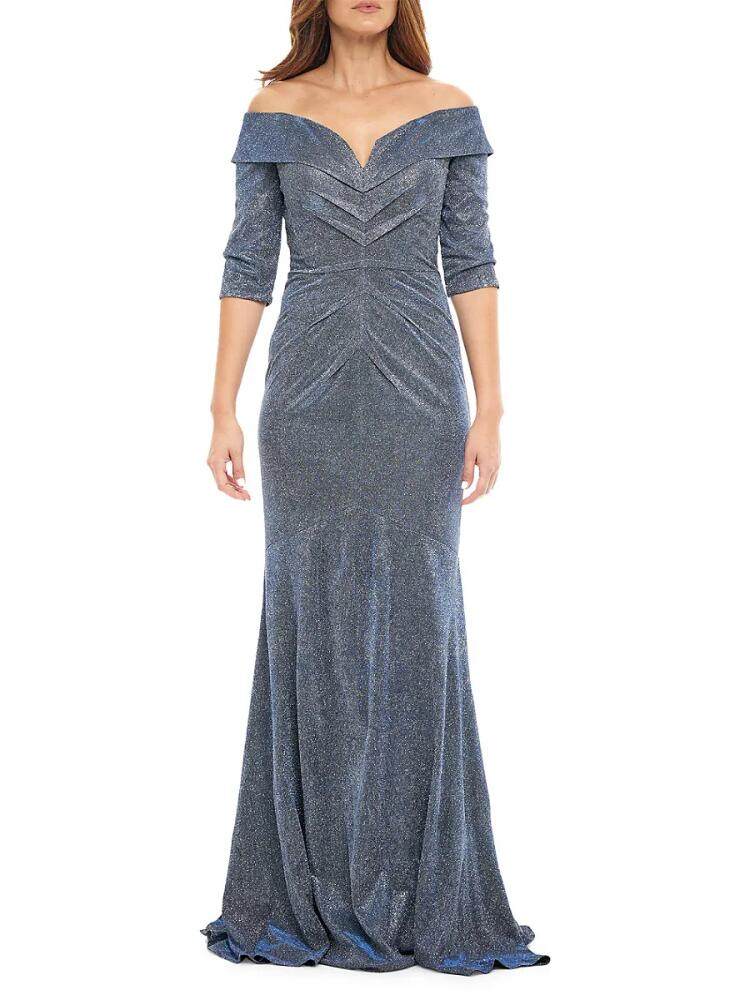 Rene Ruiz Collection Women's Metallic Knit Off Shoulder Mermaid Gown - Metallic Blue Cover