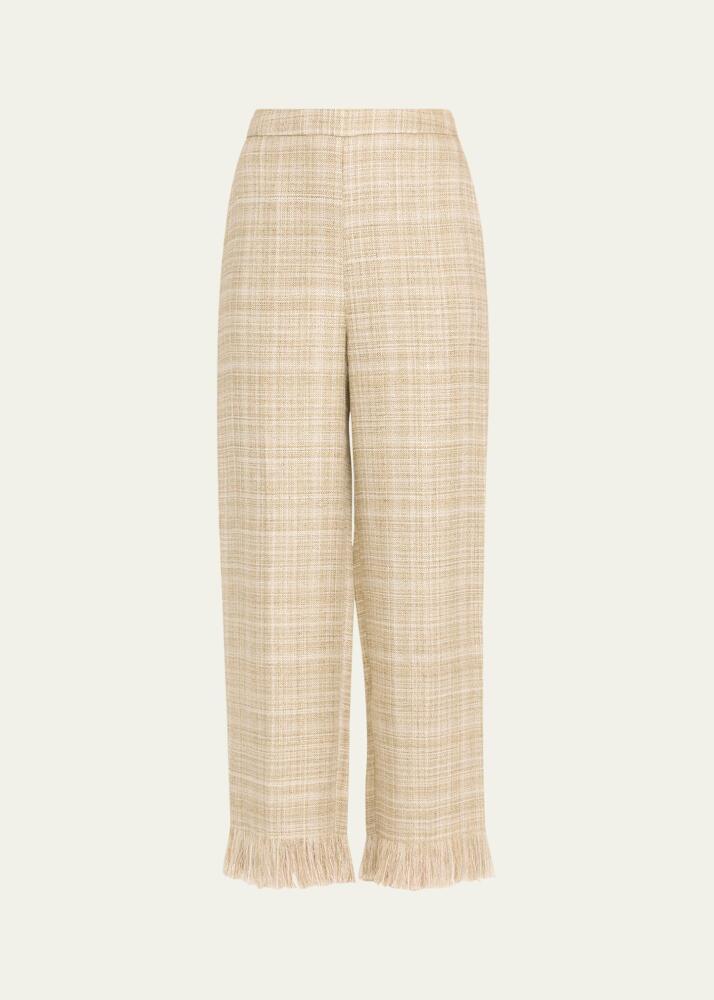 Adam Lippes Sutton Silk-Linen Plaid Straight-Leg Fringed Ankle Pants Cover