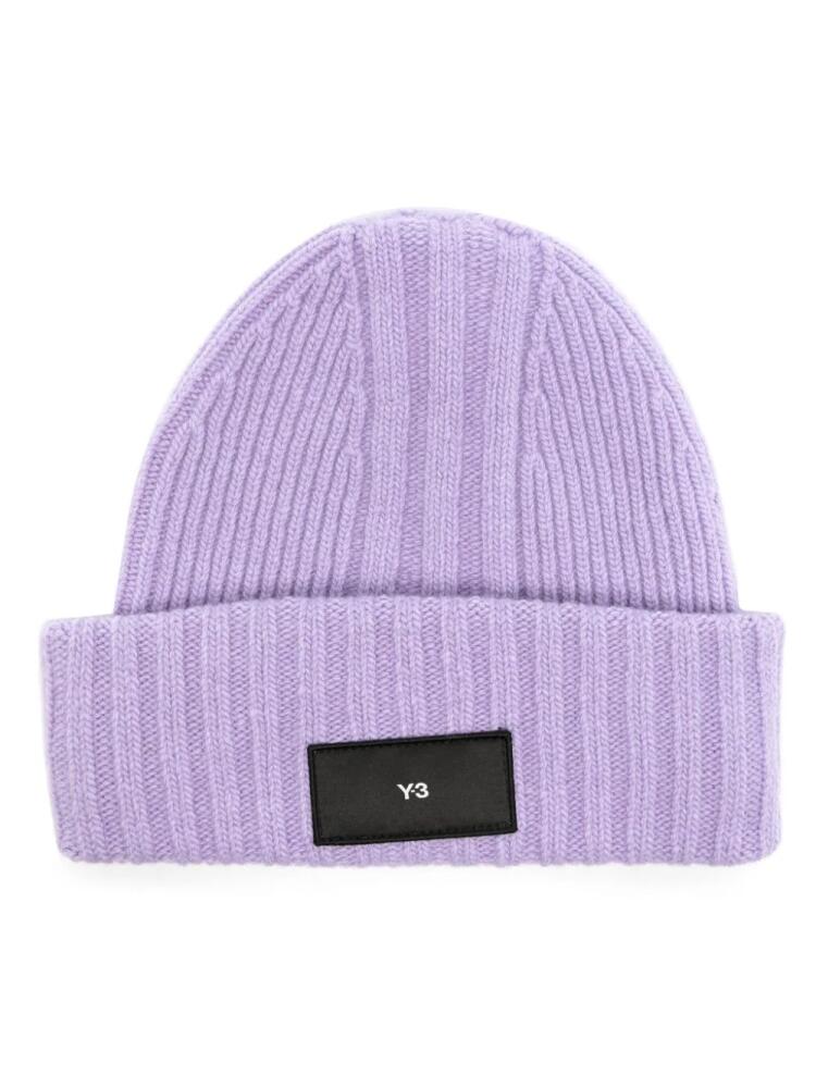 Y-3 logo-patch ribbed-knit beanie - Purple Cover