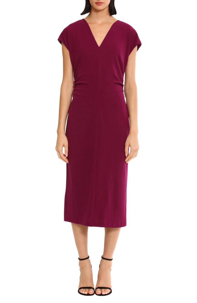 DONNA MORGAN FOR MAGGY Ruched Cap Sleeve Midi Dress in Plum Caspia Cover