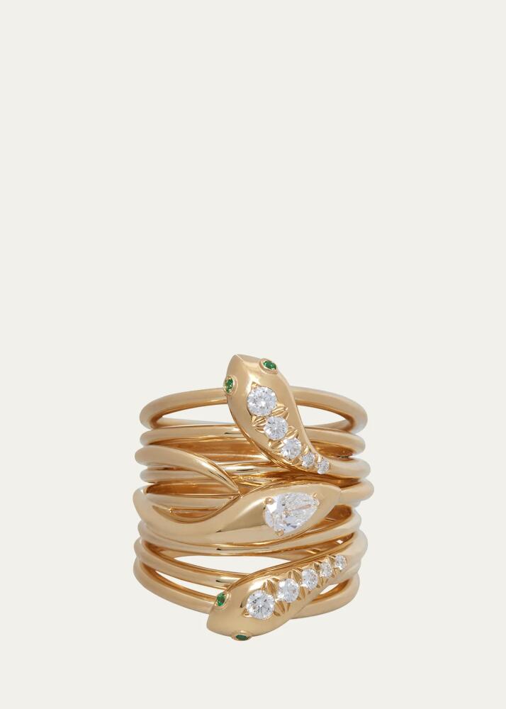 Sidney Garber 18K Yellow Gold Snake Ring with Emeralds and Diamonds Cover