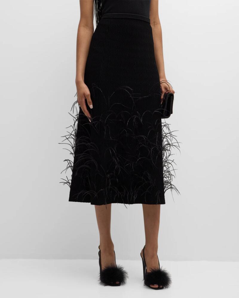 LAPOINTE Feather-Embellished Wavy Matte Crepe Midi Skirt Cover