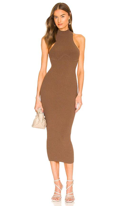 Michael Costello Annalie Long Midi Dress in Brown Cover