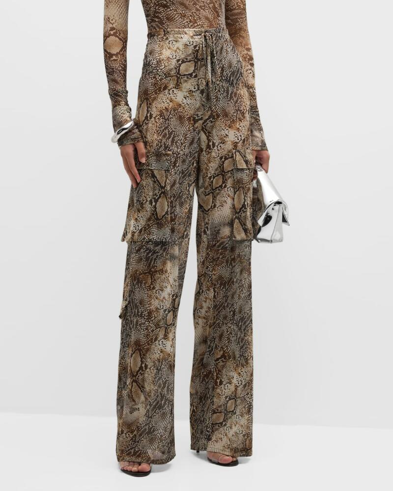 LAPOINTE Mid-Rise Snakeskin-Print Mesh Straight-Leg Drawstring Cargo Pants Cover