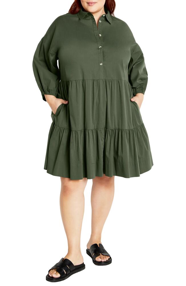 City Chic Kiara Balloon Sleeve Tiered Shirtdress in Khaki Cover