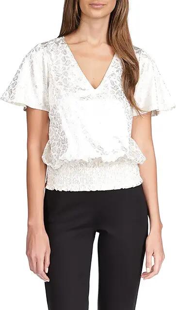 MICHAEL Michael Kors Foil Paisley Smocked Blouse (Bone Silver) Women's Clothing Cover