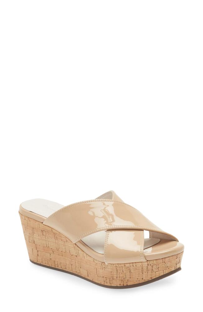 Chocolat Blu Crisscross Wedge Slide Sandal in Nude Patent Cover