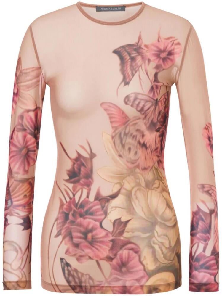 Alberta Ferretti tattoo-print tulle T-shirt - Pink Cover