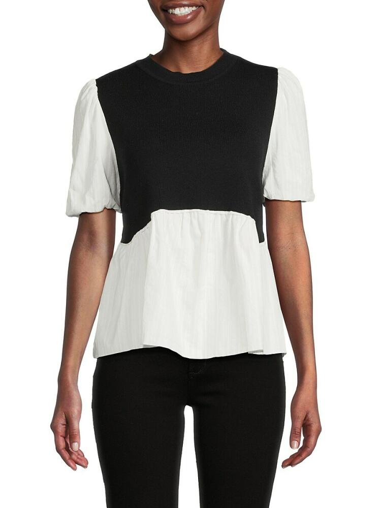 Lea & Viola Women's Puff Sleeve Twofer Top - Black White Cover