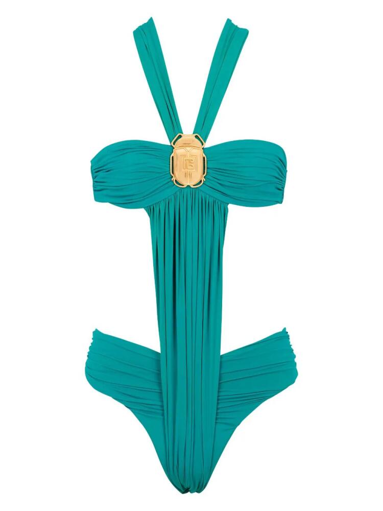 Balmain draped beetle-detail swimsuit - Green Cover