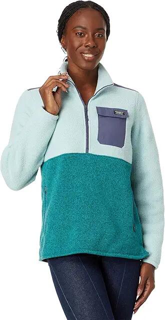 L.L.Bean Petite Sweater Fleece Sherpa Hybrid Color-Block (Smoky Blue/Dark Pine) Women's Clothing Cover