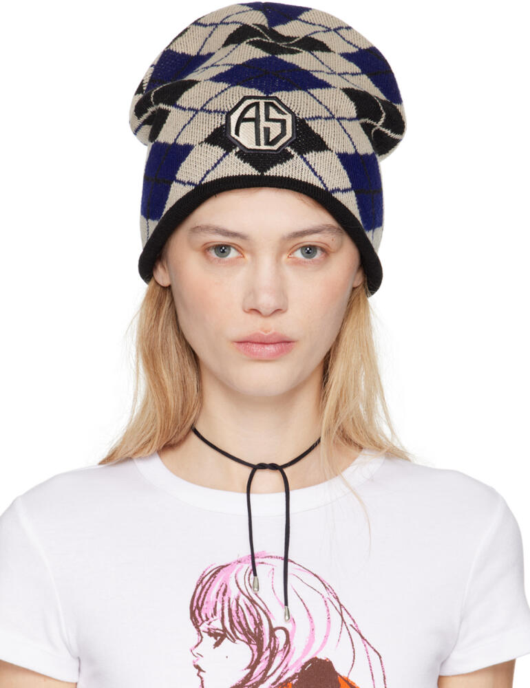 Anna Sui Blue & Beige Argyle Patch Beanie Cover