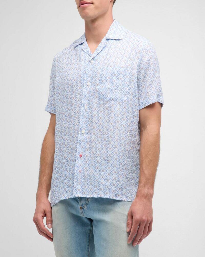 Isaia Men's Linen Geometric-Print Camp Shirt Cover