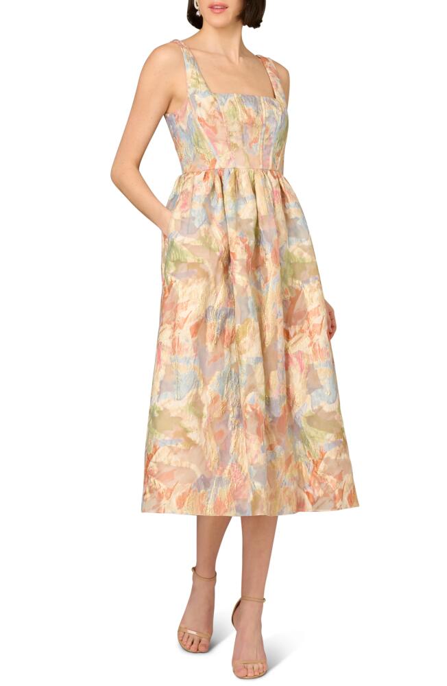 Aidan Mattox by Adrianna Papell Metallic Jacquard Corset Cocktail Midi Dress in Pink Multi Cover