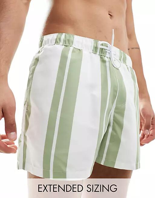 ASOS DESIGN striped swim shorts in short length in sage green-White Cover